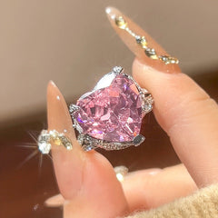 Heart Silver Yellow Pink Cubic Zirconia Anti tarnish Pendant chain Ring Set For Women