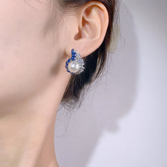 Tear Drop Pink Blue Silver Cubic Zirconia Pearl Anti Tarnish Stud Earring For Women