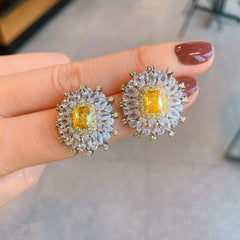 Flower Rectangle Yellow Gemstone Silver Cubic Zirconia Necklace Earring Ring Set For Women