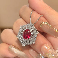 Flower Red Gemstone Silver Cubic Zirconia Necklace Earring Ring Set For Women