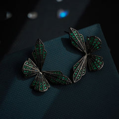 Modern Geometric Butterfly Wings Black Green CZ Copper Stud Earrings