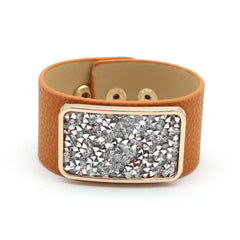 Rectangle Cubic Zirconia Rose Gold Anti Tarnish Wrist Band Leather Bracelet For Women