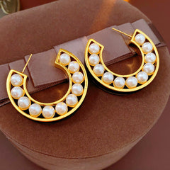 Pearl 18K Gold Black Enamel Anti Tarnish Hoop Earring For Women