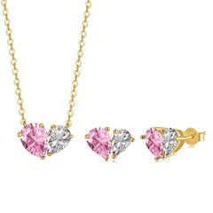 Heart Cut Pink & White Gold Silver Plated CZ Copper Necklace Earring Set