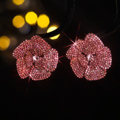 Flower Floral Pink Cubic Zirconia Crystal Stud Earring For Women