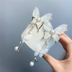 Fairy 18K Gold Long Butterfly White Pearl Anti Tarnish Necklace Earrings Set For Women