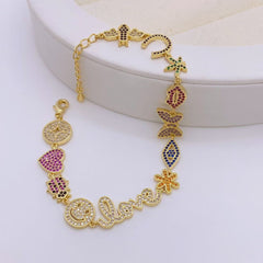 Heart Evil Eye Horse Shoe 18K Gold CZ Charm Necklace Chain