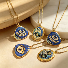 Designer Evil Eye Gold Blue & White Enamel Stainless Steel Necklace