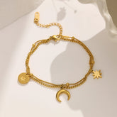 Moon and Star 18K Gold Plated Stainless Steel Charm Chain Bracelet For Women