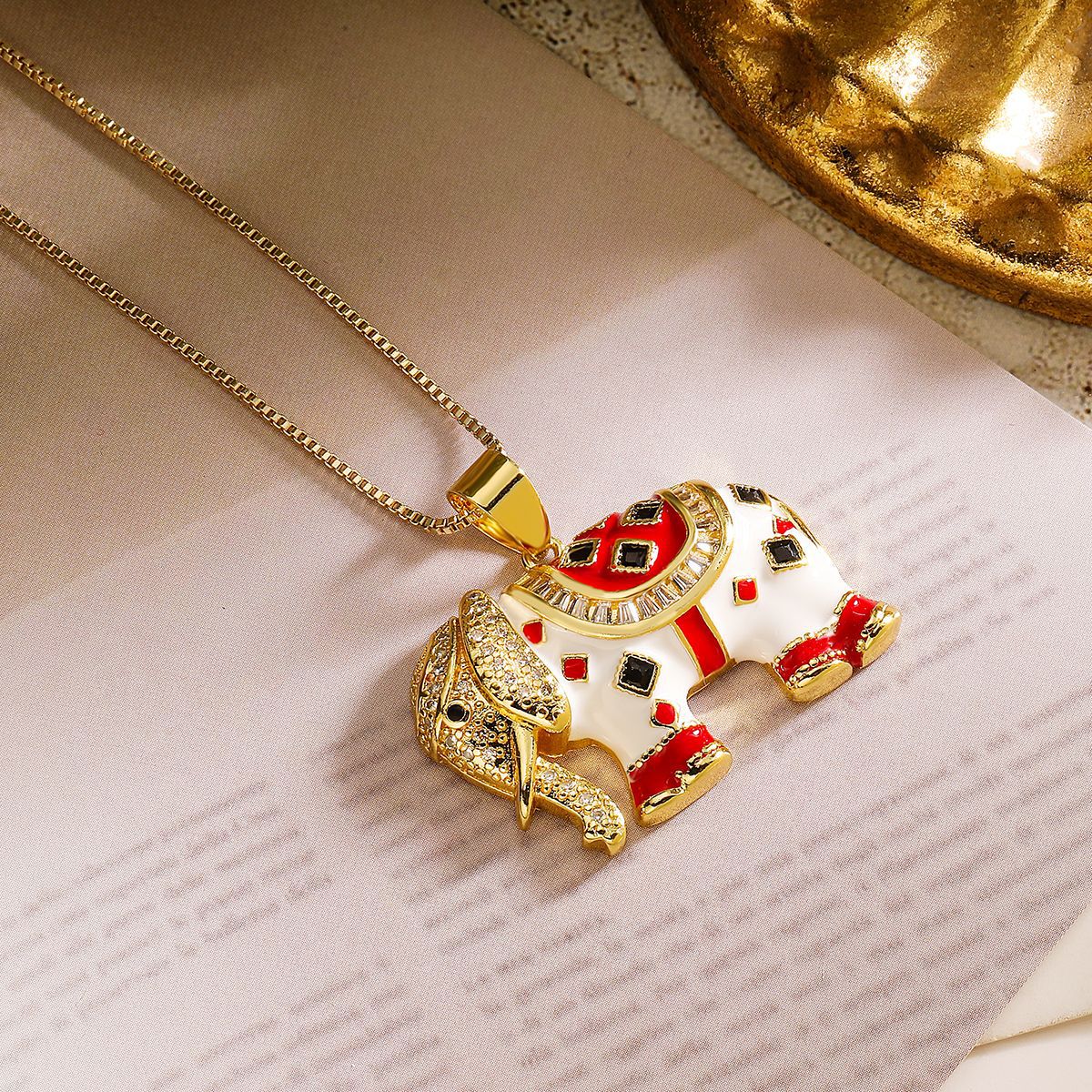 Elephant CZ Enamel 18K Gold Anti Tarnish Necklace Pendant Chain