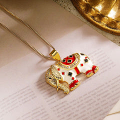 Elephant Enamel 18K Gold Cubic Zirconia Anti Tarnish Pendant Chain Necklace For Women