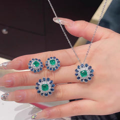 Sunflower Blue Green Gemstone Silver Cubic Zirconia Necklace Earring Ring Set For Women