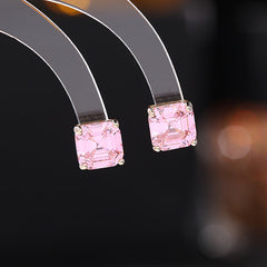 Square Solitaire White Green Blue Pink Silver Cubic Zirconia Stud Earring For Women