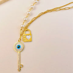 Heart Key Lock Evil Eye Pearl 18K Gold Stainless Steel Necklace Chain For Women