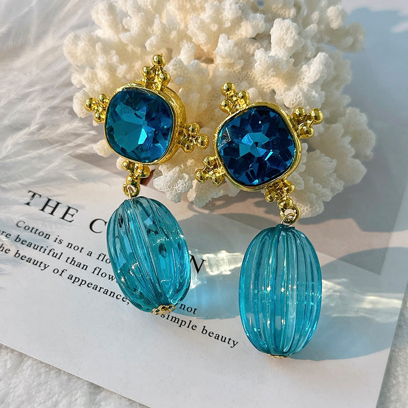 18K Gold Plated Aqua Blue Crystal Drop Dangler Earrings For Women