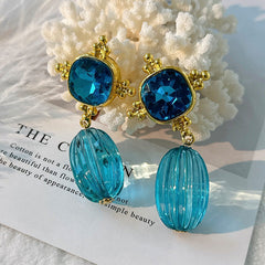 18K Gold Plated Aqua Blue Crystal Drop Dangler Earrings For Women