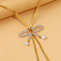 Bow Rhinestone Pearl 18K Gold Necklace Snake Chain For Women