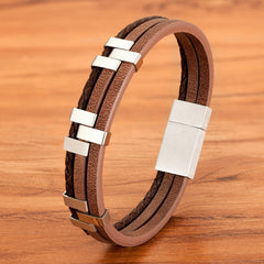 Layer Black Brown Blue Silver Leather Stainless Steel Bracelet For Men