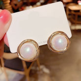 White Round Gold Pearl Stud Earrings For Women