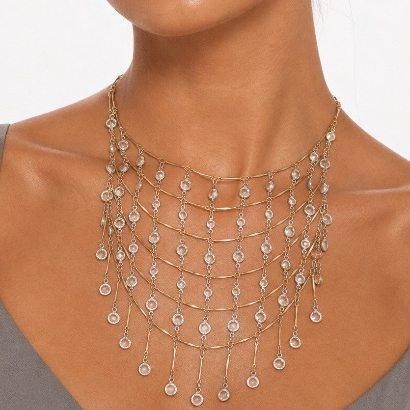 Multi-Layer Waterfall Gold Plated Rhinestone Fringe Necklace For Women