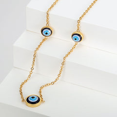 Turkish Evil Eye Blue Enamel 18K Gold Stainless Steel Necklace Chain For Women