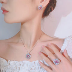 Flower Red Gemstone Silver Cubic Zirconia Necklace Earring Ring Set For Women