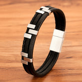 Layer Black Brown Blue Silver Leather Stainless Steel Bracelet For Men