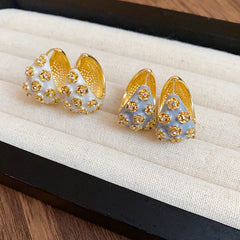 Flower White Gray 18K Gold Cubic Zirconia Enamel Hoop Stud Earring Pair Women