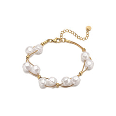 White Pearl 18K Gold Stainless Steel Dual Layer Chain Bracelet For Women