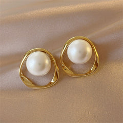 Designer White Pearl Gold Silver Plated Oval Stud Earrings For Women