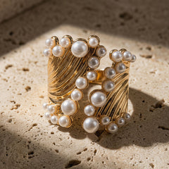 Luxury Gold Plated Twisted Rope Design Faux Pearl Copper Cocktail Ring