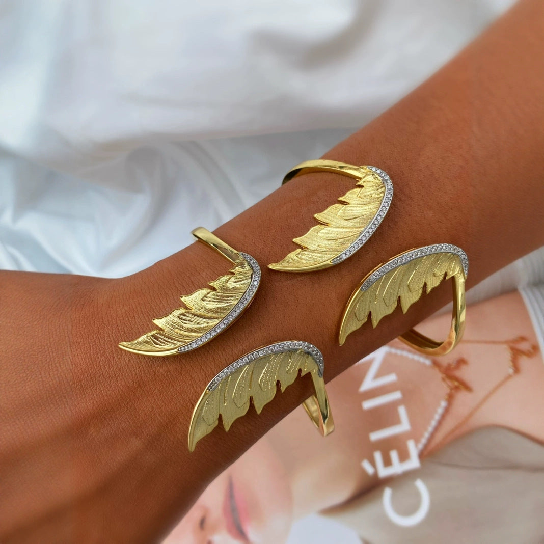 Gold Angel Wings Cubic Zirconia Copper Cuff & Kada Ring For Women