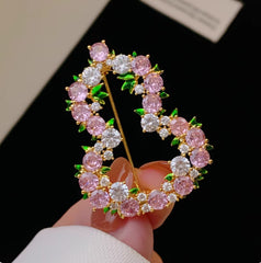 Designer Floral Oval Gold Plated Pink & White CZ Alloy Brooch For Women
