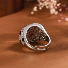 Square Black Red Solitaire Cubic Zirconia Silver Anti Tarnish Free Size Ring For Women