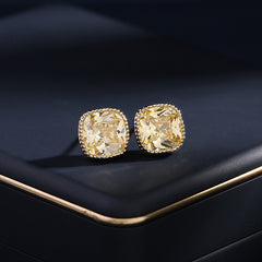 Yellow Cushion Cut Gold Plated CZ Anti Tarnish Copper Stud Earrings