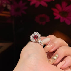 Red Flower Bloom Silver Cubic Zirconia Copper Adjustable Ring For Women