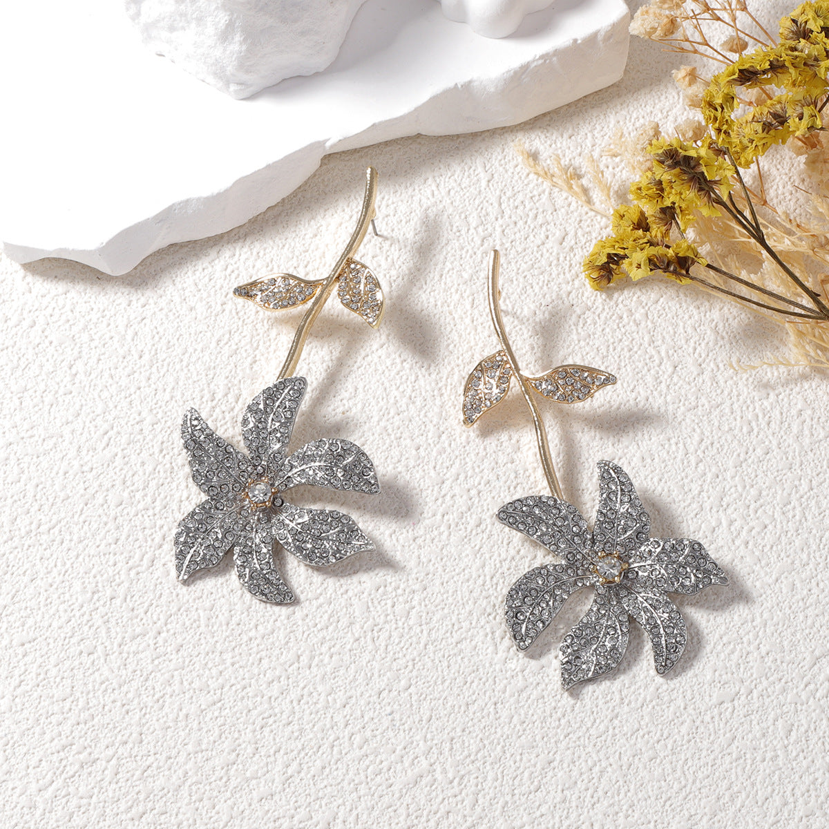 Flower Leaf 18K Gold Silver Cubic Zirconia Anti Tarnish Dangler Earring For Women