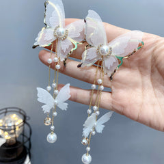 Fairy 18K Gold Long Butterfly White Pearl Anti Tarnish Necklace Earrings Set For Women