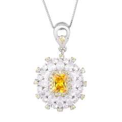 Flower Rectangle Yellow Gemstone Silver Cubic Zirconia Necklace Earring Ring Set For Women