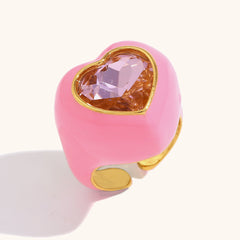Heart Solitaire Enamel 18K Gold Stainless Steel Anti Tarnish Adjustable Ring For Women