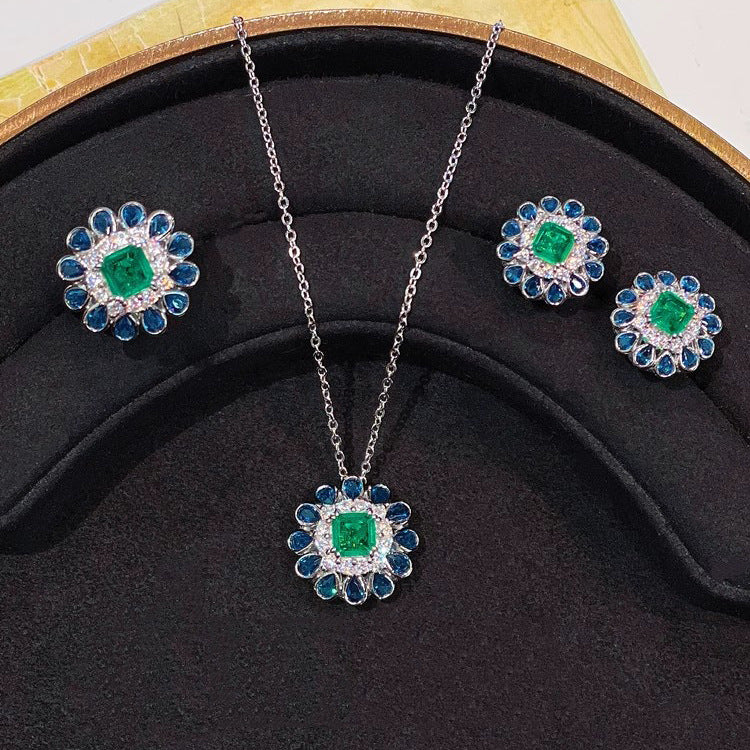Sunflower Blue Green Gemstone Silver Cubic Zirconia Necklace Earring Ring Set For Women