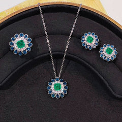Sunflower Blue Green Gemstone Silver Cubic Zirconia Necklace Earring Ring Set For Women