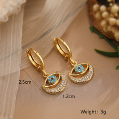 Moon Evil Eye 18K Gold Cubic Zirconia Necklace Pendant Chain Earring Set For Women