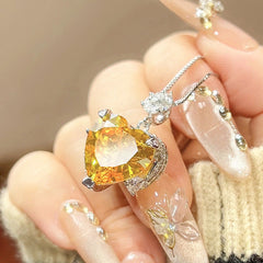 Heart Silver Yellow Pink Cubic Zirconia Anti tarnish Pendant chain Ring Set For Women
