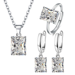 Rectangle Solitaire Silver Multi Color Cubic Zirconia Pendant Chain Earring Ring Set For Women