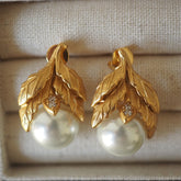Elegant Botanical Leaf Gold Pearl Anti Tarnish Copper Drop Earrings