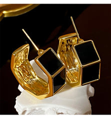 Hexagon Rectangle Enamel White Black 18K Gold Plated Anti Tarnish Hoop Earring For Women