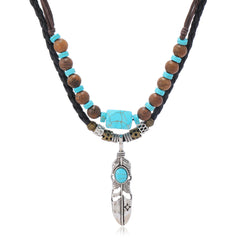 Feather Turquoise Green Brown Beads Wooden Dual Layer Rope Necklace For Women