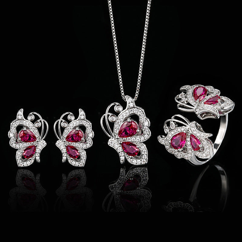 Butterfly Pink Silver Cubic Zirconia Anti Tarnish Necklace Earring Ring Set For Women