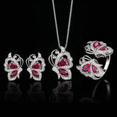 Butterfly Pink Silver Cubic Zirconia Anti Tarnish Necklace Earring Ring Set For Women